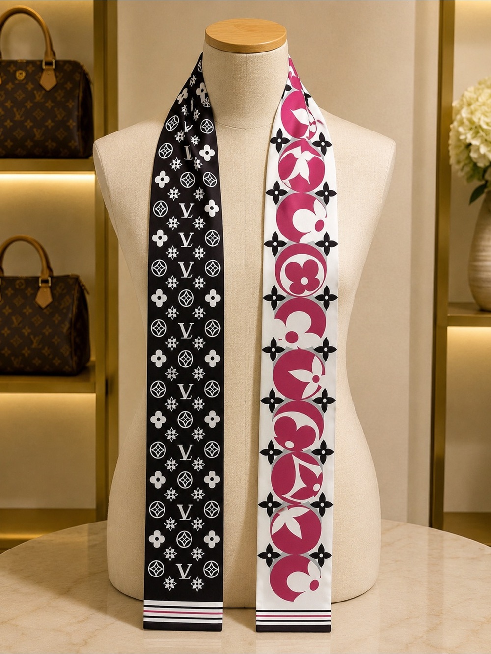 Designer-Inspired Black & Pink Patterned Silk Scarf/ bag/ Tiea Double sided